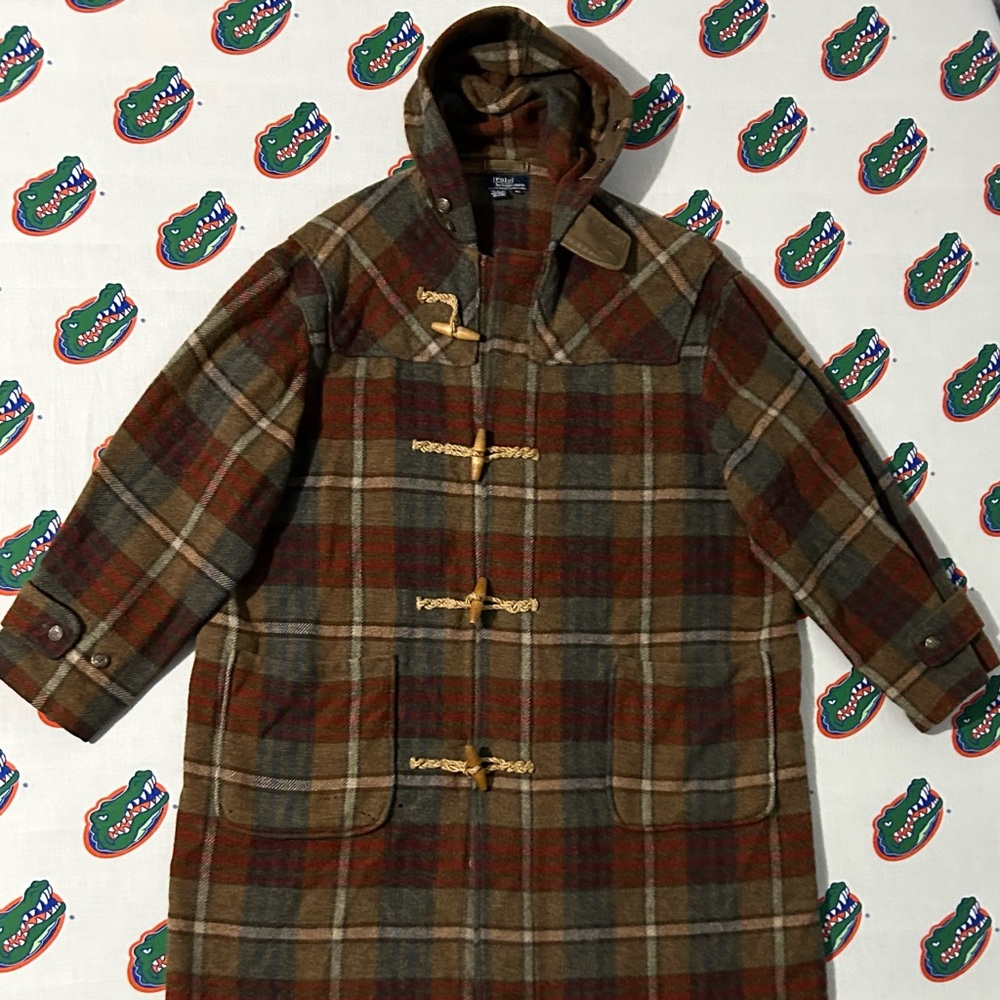 Vintage Polo Ralph Lauren Toggle Trench Coat Jacket Sweater Plaid Wool Alpaca